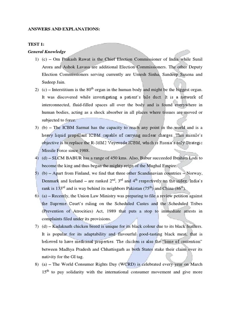 Explanations and Answers for Test 1 on General Knowledge | PDF