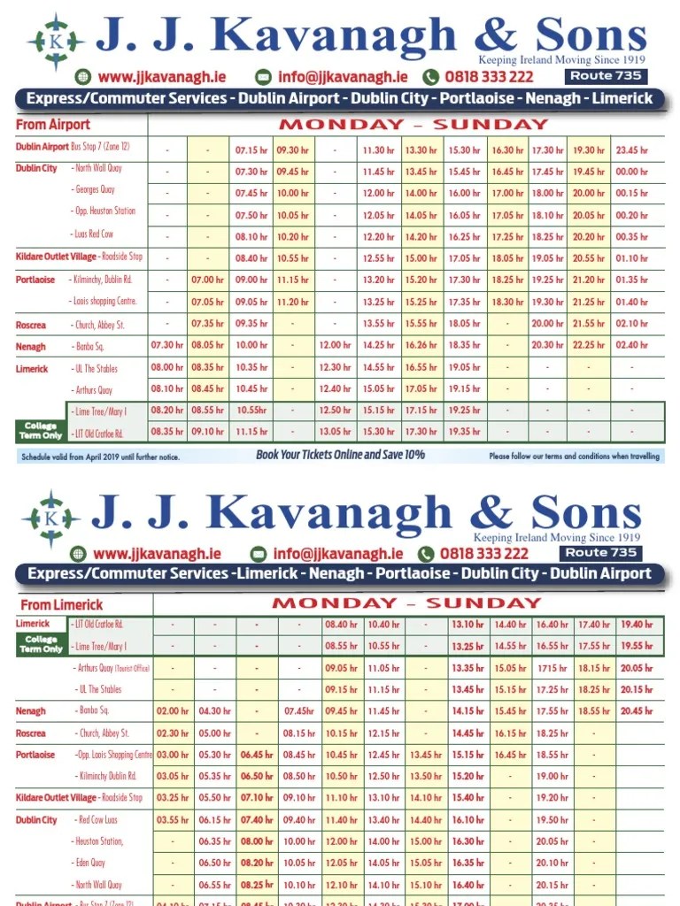 JJ Kavanagh & Sons Limerick To Dublin Bus Timetable PDF Dublin