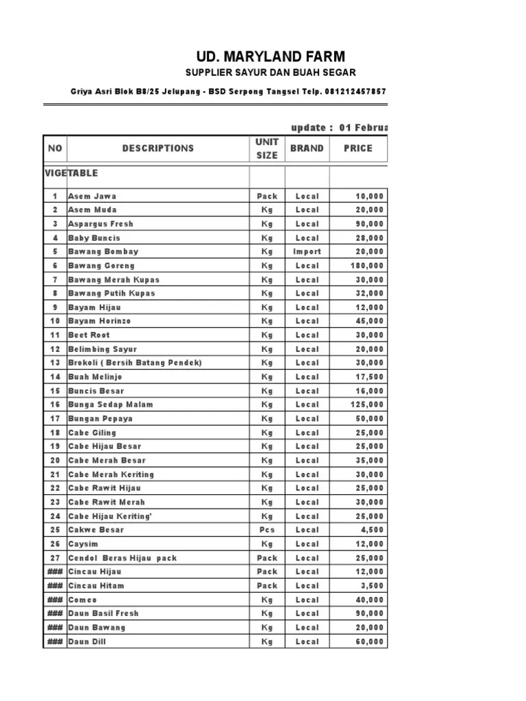 Price List Buah &amp; Sayur Per Maret�19 Summarecon (1) Vegetarian