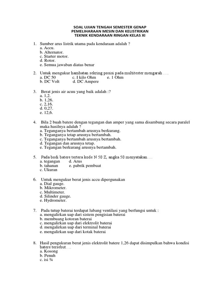 Soal Dan Jawaban Pemeliharaan Kelistrikan Kendaraan Ringan