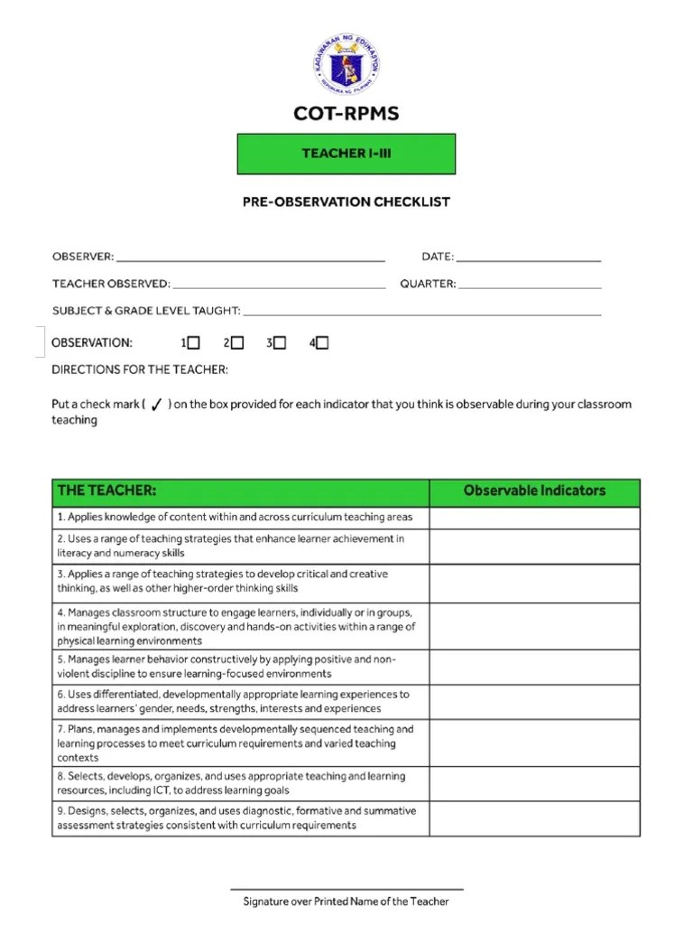 COT FORMS PRE OBSERVATION