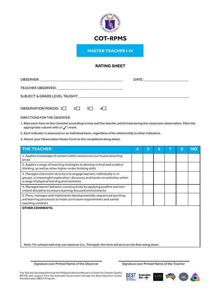 AppendixK COT RPMS Forms MTI IV Final PDF Teachers Curriculum