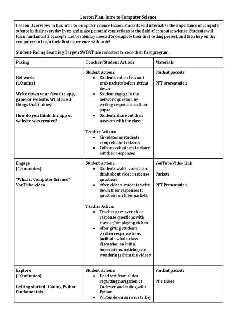 Cs Lesson Plan PDF Computer Science Lesson Plan