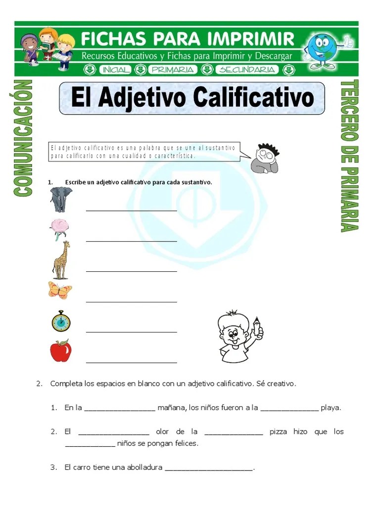 Ficha El Adjetivo Calificativo Para Tercero de Primaria Adjetivo