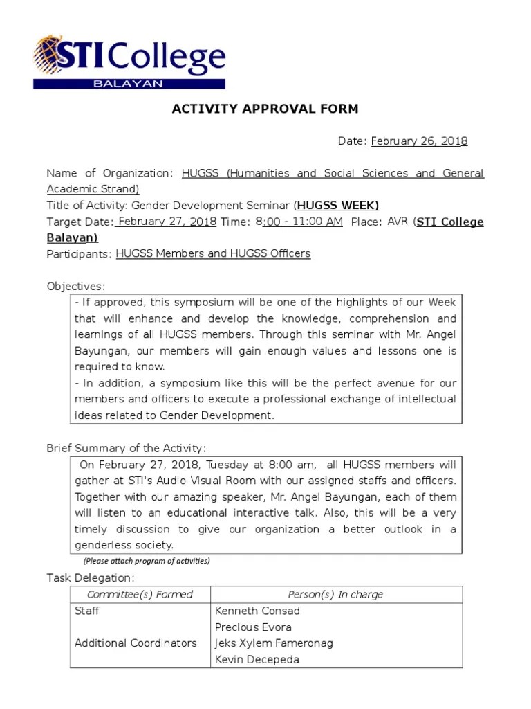 Activity Approval Form Balaya N) PDF Learning