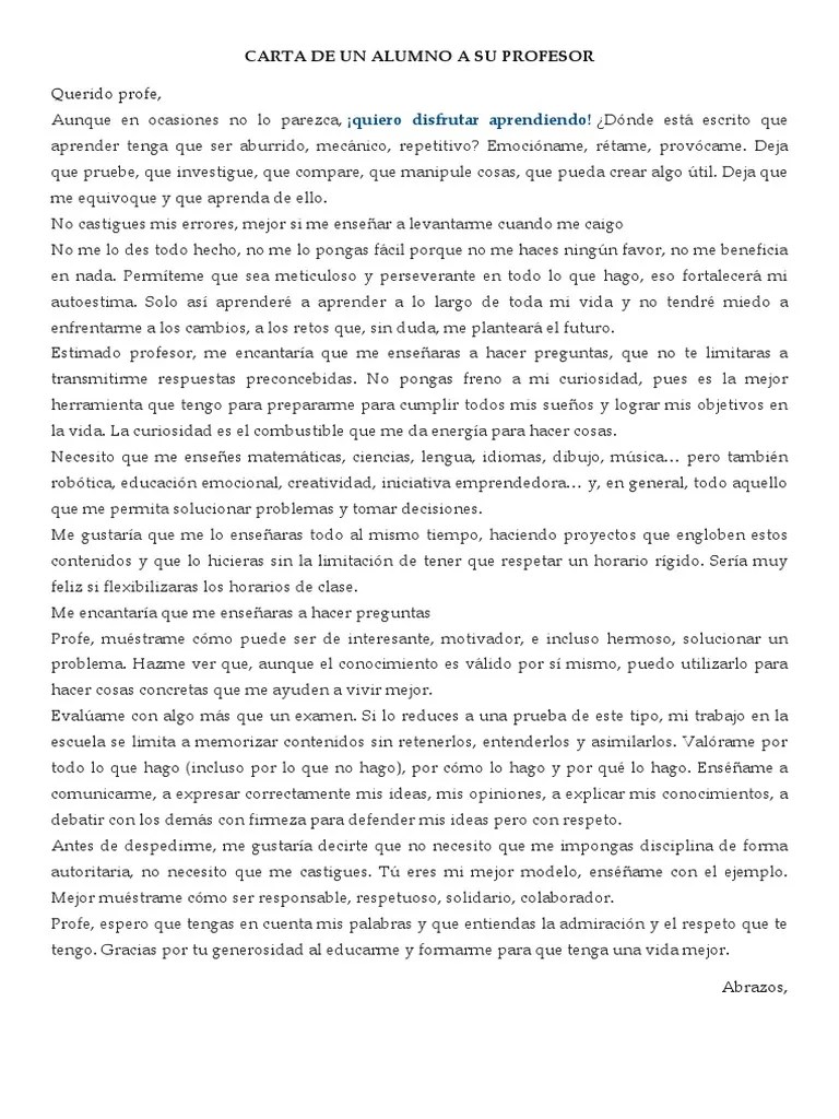 Querido profe, Carta De Un Alumno A Su Profesor
