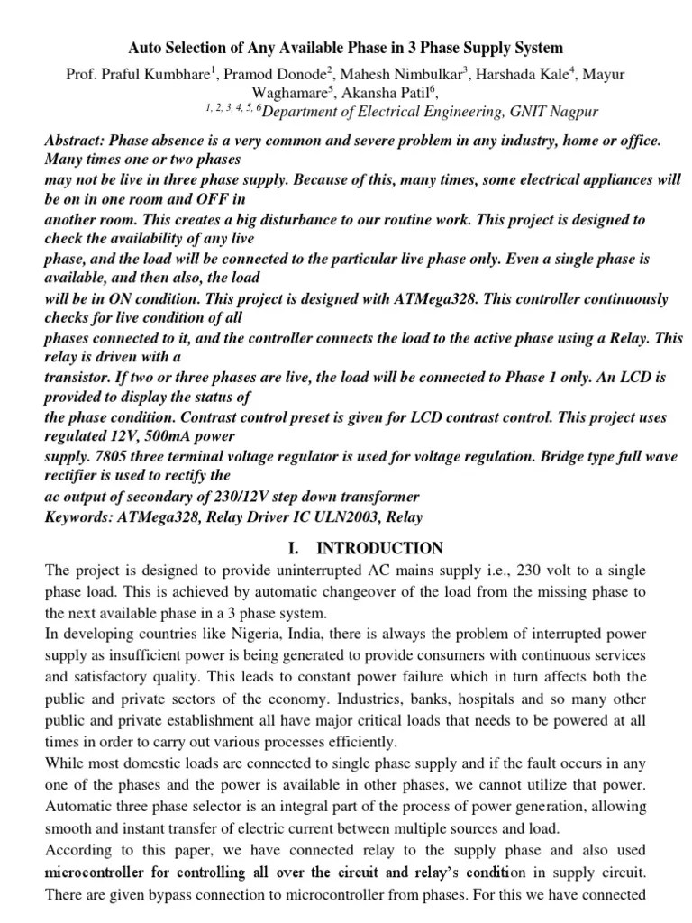 Auto Phase Switching in A 3 Phase Sytem | PDF | Rectifier | Relay