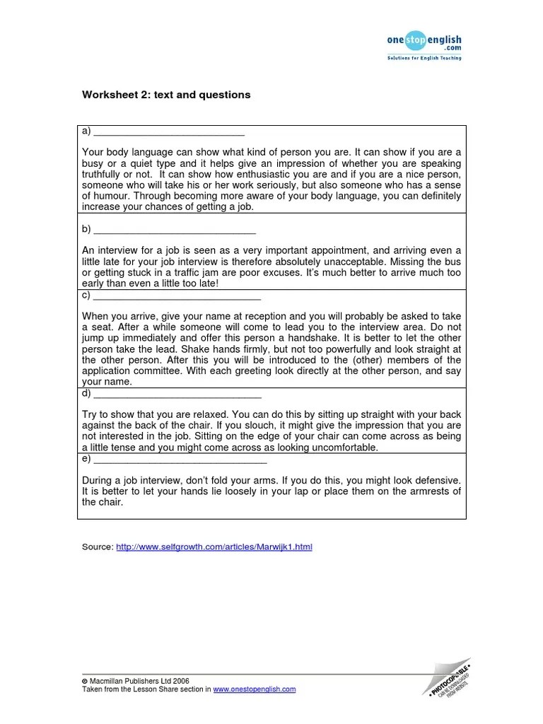 Worksheet 2: Text and Questions: Source | PDF | Body Language