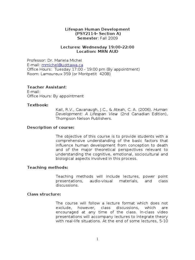 Course Outline PSY2114A Fall 2009 Lecture Developmental Psychology