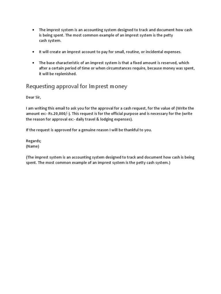 Requesting Approval For Imprest Money PDF