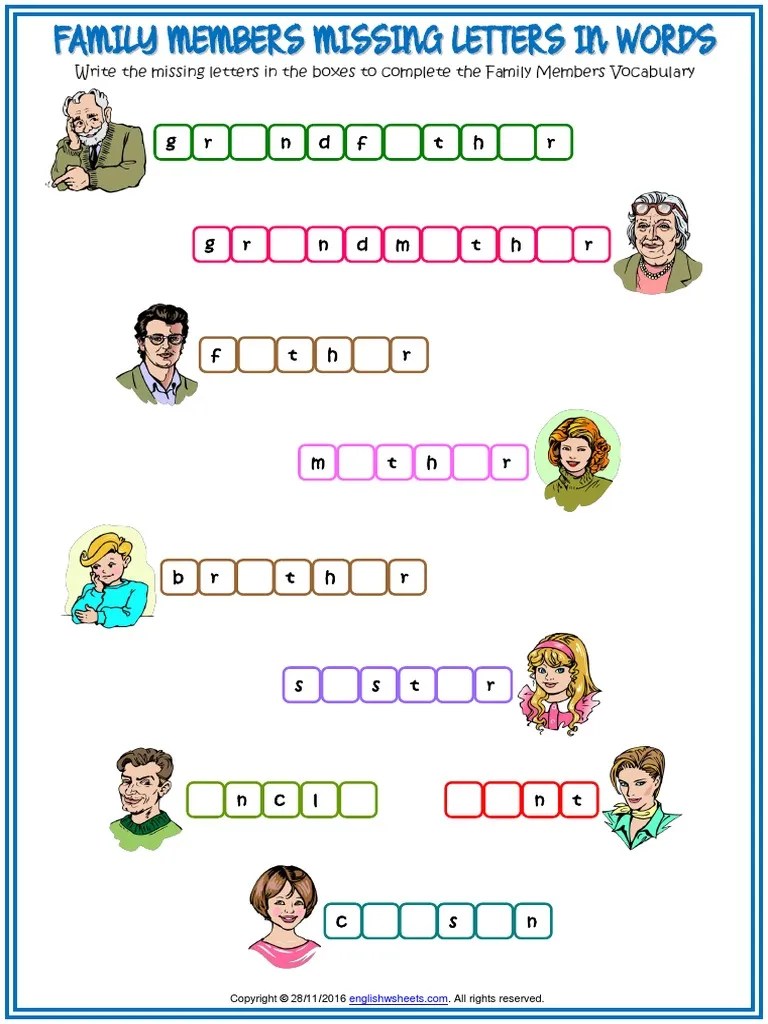 Family Members Vocabulary Missing Letters in Words Esl Worksheet