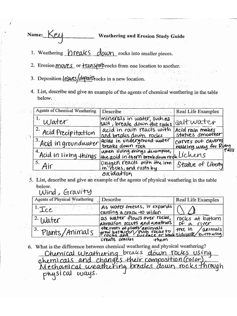 weathering and erosion study guide answer key