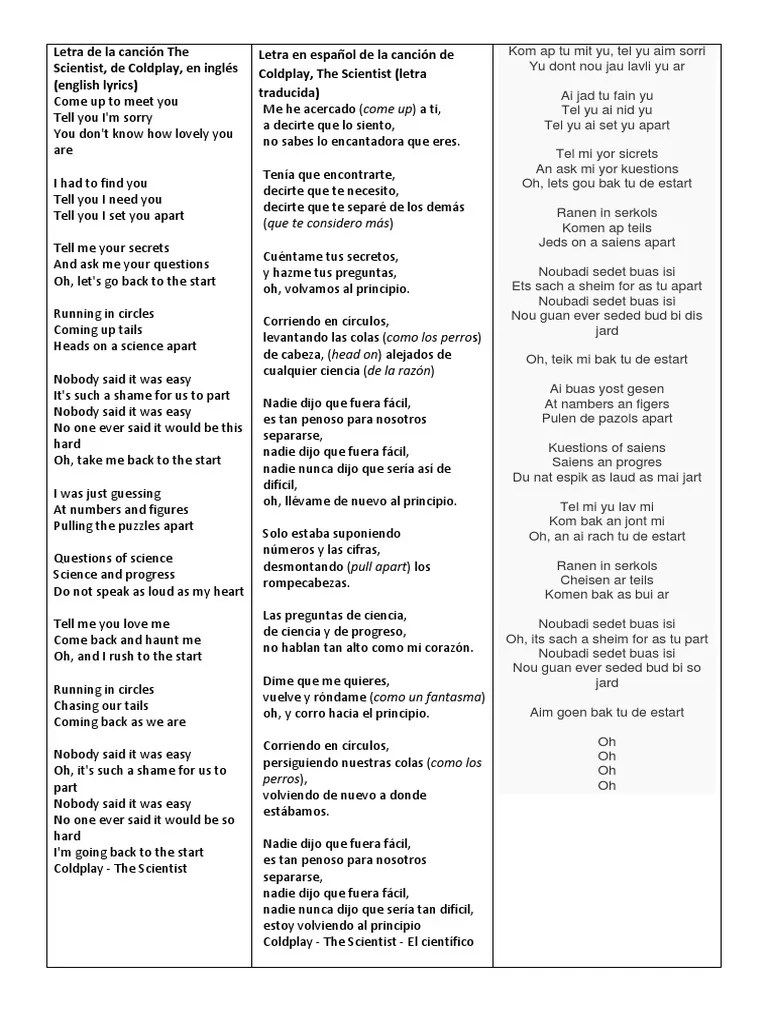 Letra de la canción The Scientist.docx Entretenimiento (general) Música