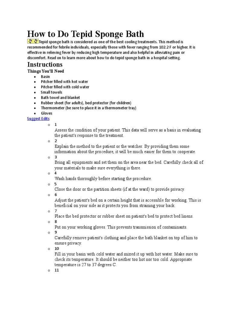 How To Do Tepid Sponge Bath Instructions Download Free PDF Fever