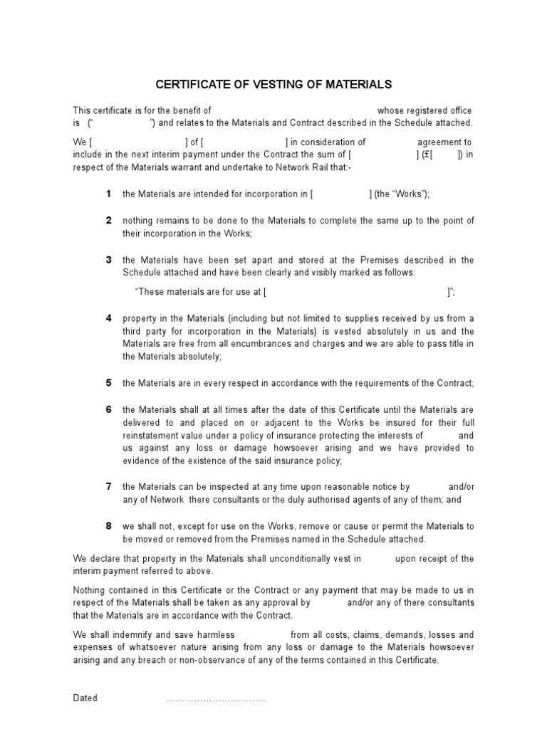 Vesting Certificate Indemnity Insurance