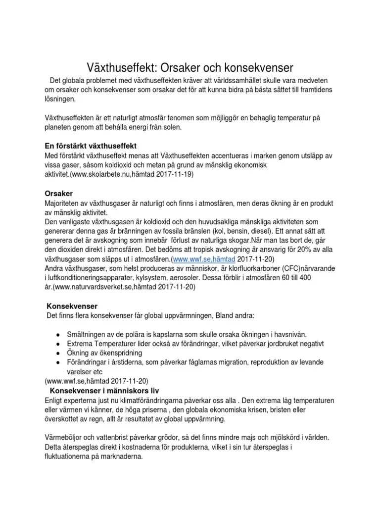 Fakta Text, Växthuseffekt , Orsakar Och Konsekvenser