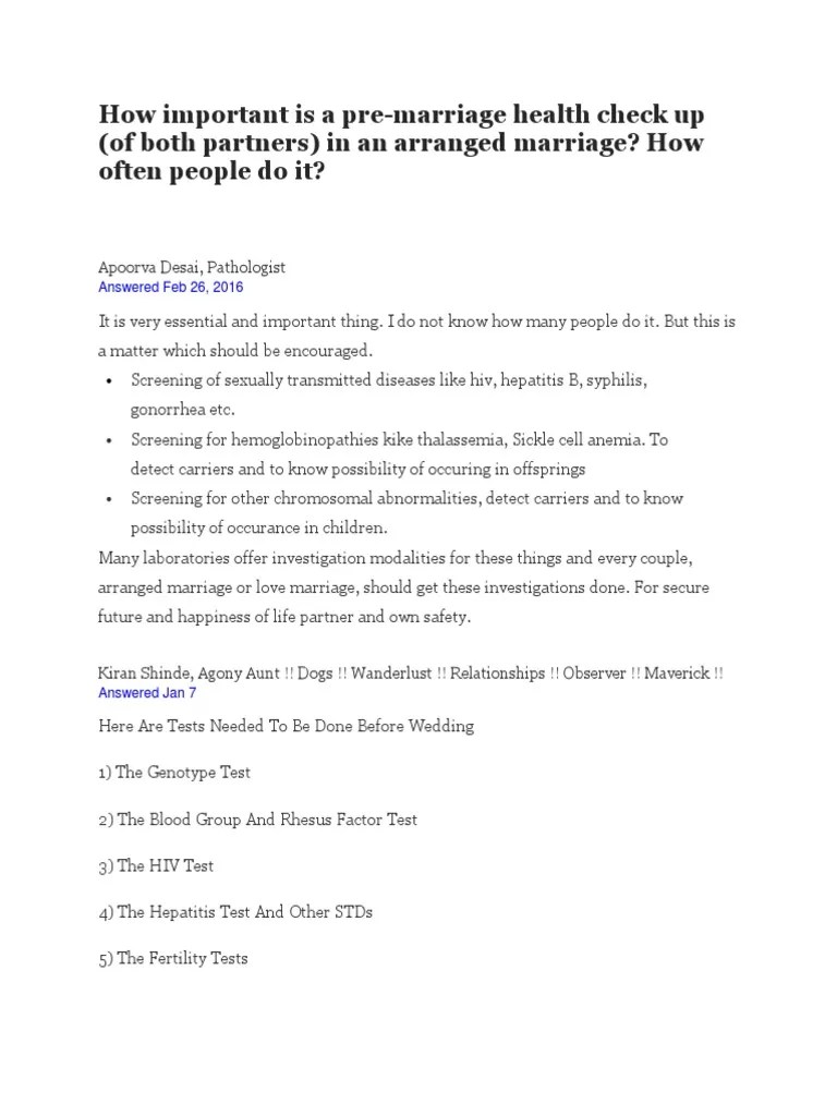 Medical Tests Before Marriage PDF Sexually Transmitted Infection