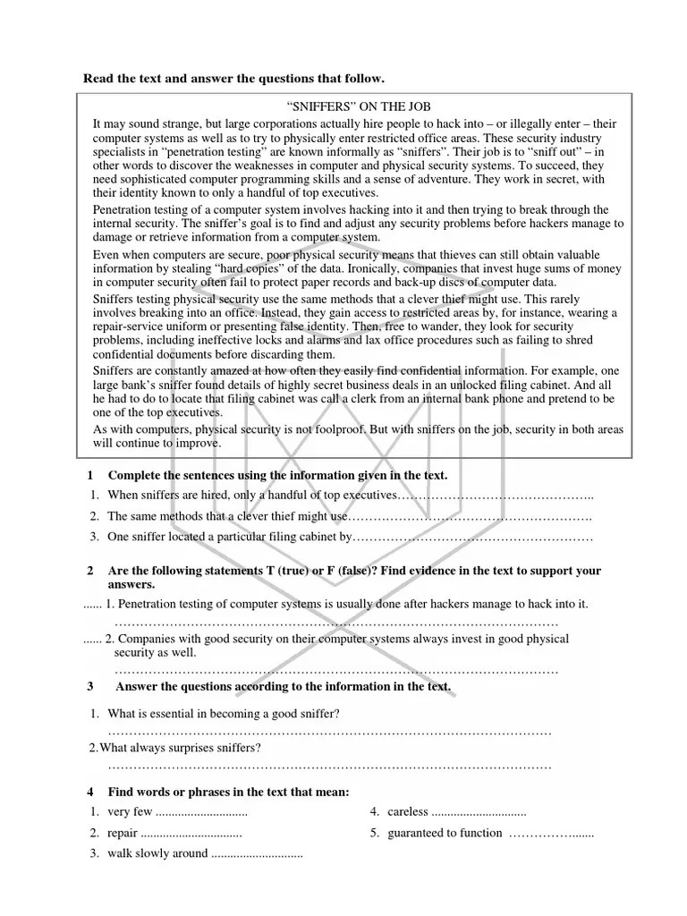 Read The Text and Answer The Questions That Follow. 1 Complete The