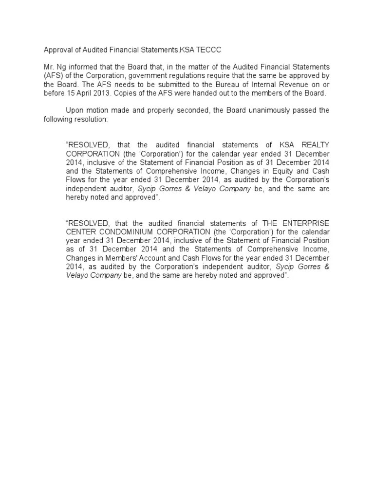 Approval of Audited Financial Statements PDF