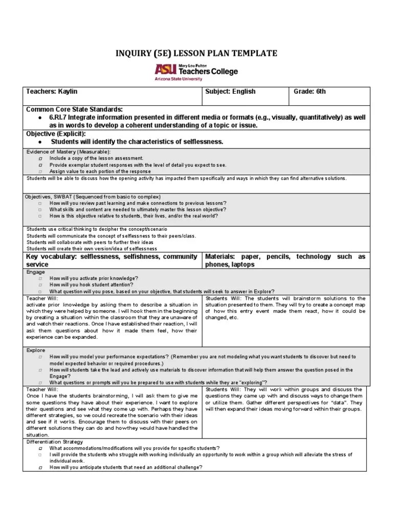 Inquiry 5e Lesson Plan Template 1 PDF Lesson Plan Educational Assessment