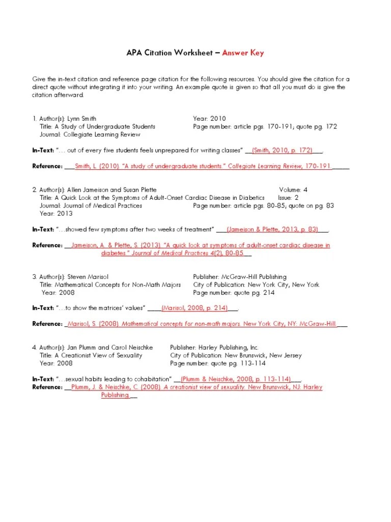 APA Citation Worksheet Answer Key