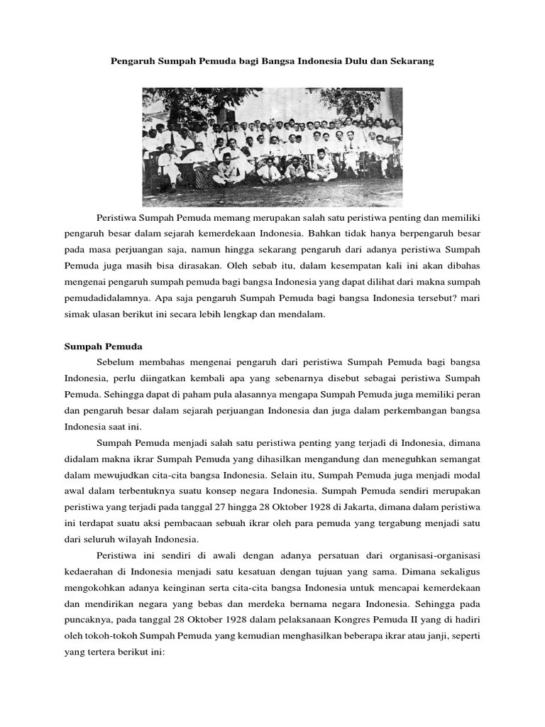 Pengaruh Sumpah Pemuda Bagi Bangsa Indonesia Dulu Dan Sekarang | PDF
