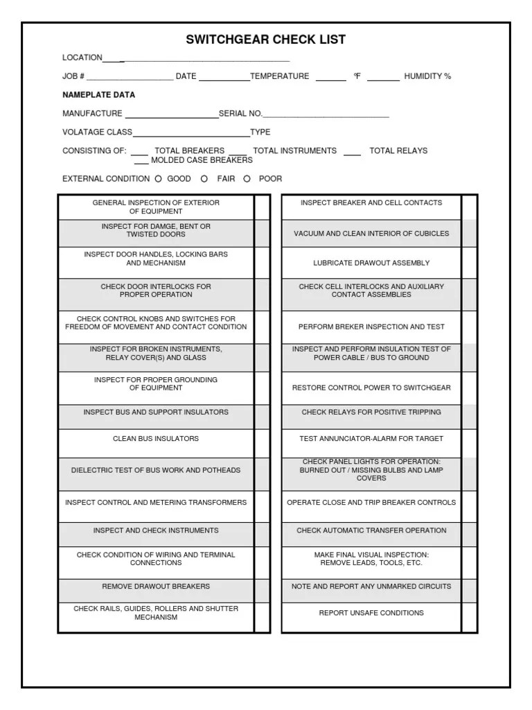 Switchgear Checklist PDF Relay Switch