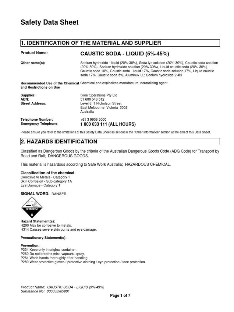 MSDS 1 Dangerous Goods Sodium Hydroxide