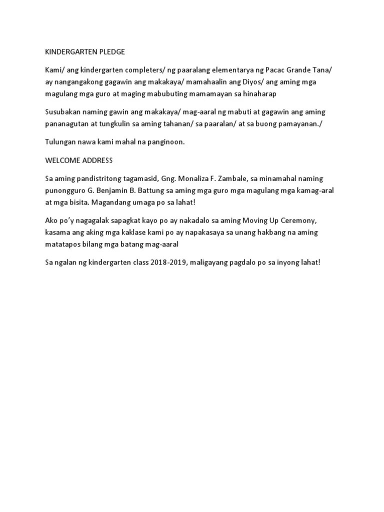 Kindergarten Pledge and Address Tagalog PDF