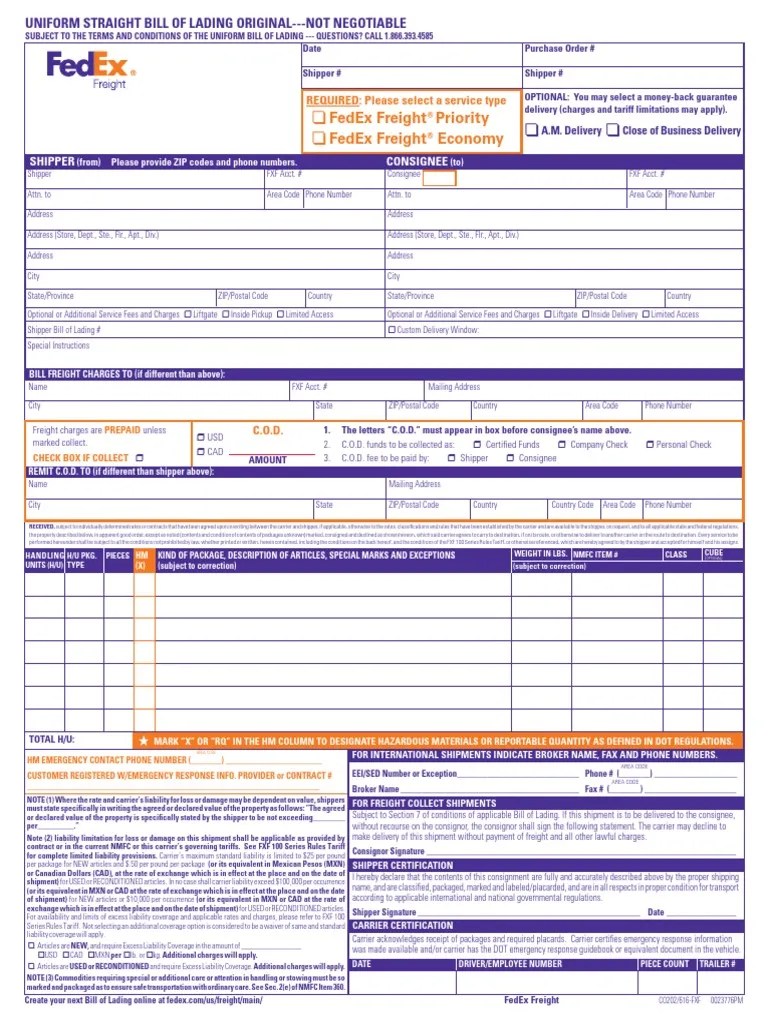 Fedex Freight Shipping Document PDF Cargo Bill Of Lading