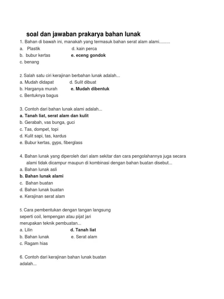 Soal Dan Jawaban Prakarya Bahan Lunak | PDF