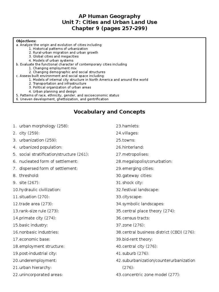 AP Human Geography Unit 7 Cities and Urban Land Use Chapter 9 (pages 257299) City Urban