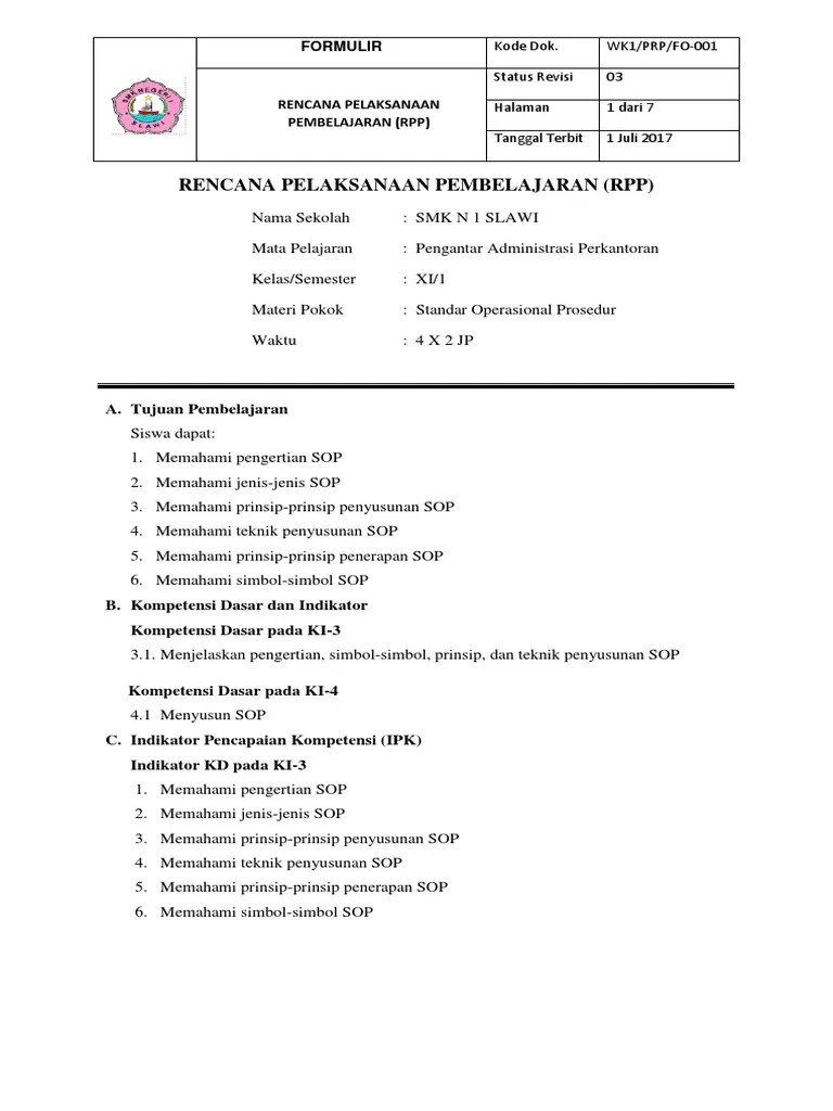 RPP Standar Operasional Prosedur - ADMINISTRASI PERKANTORAN 2017 | PDF