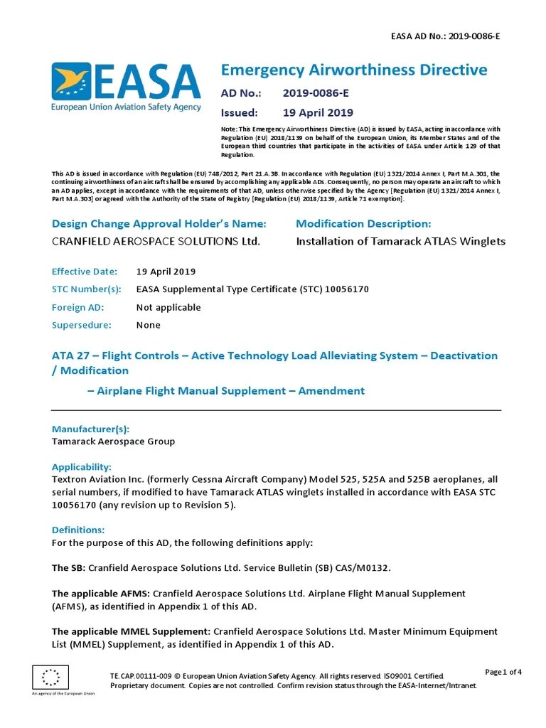 EASA Emergency Airworthiness Directive Aircraft Aerospace
