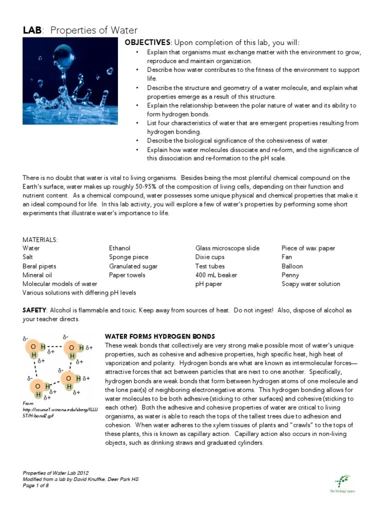 Properties of Water Lab 2012a PDF Hydroxide Ph