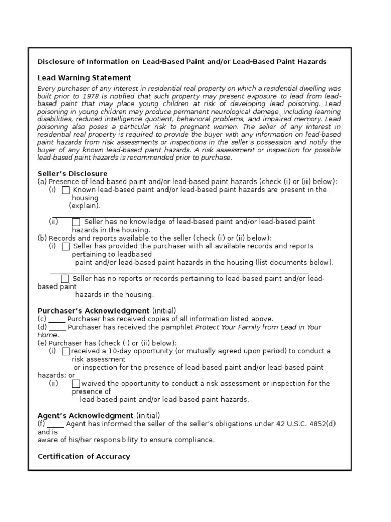 Disclosure of Information On LeadBased Paint And/or LeadBased Paint