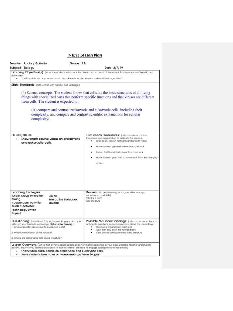 AudreygalindoTTess Lesson Plan PDF Prokaryote Cell (Biology)