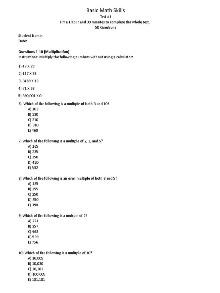 Basic Math Skills Test PDF Odds Numbers