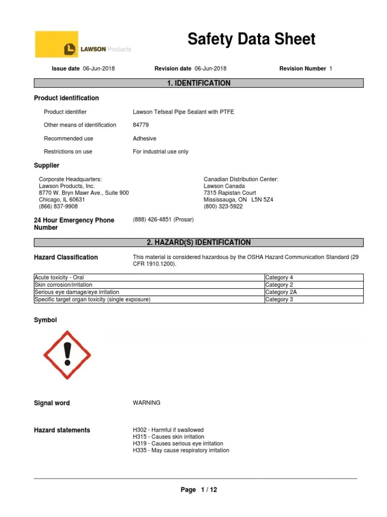 Pipe Sealant MSDS PDF Toxicity Dangerous Goods