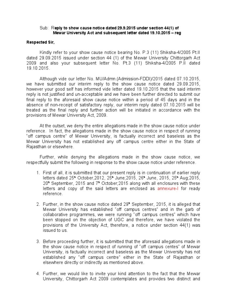 Reply To Showcase Notice PDF University University And College