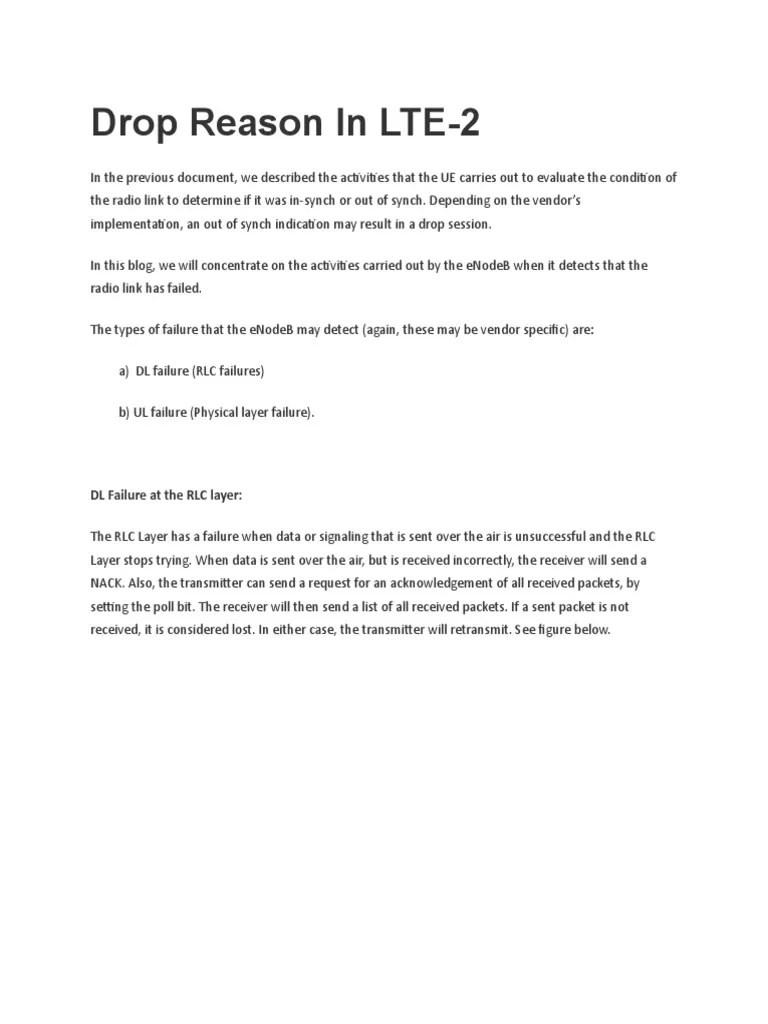 Drop Reason in LTE2 DL Failure at The RLC Layer PDF Network