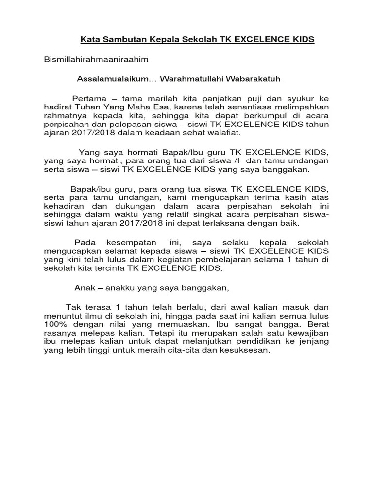 Sambutan Kepala Sekolah Dalam Acara Perpisahan Tk