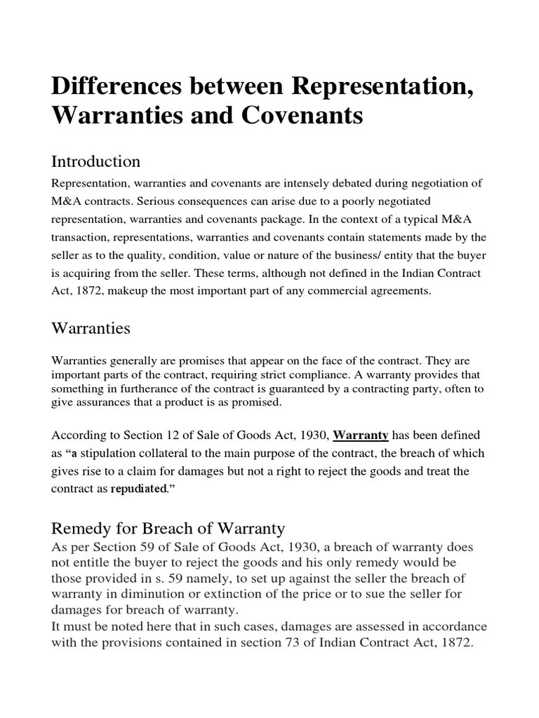 Differences Between Representation, Warranties and Covenants PDF