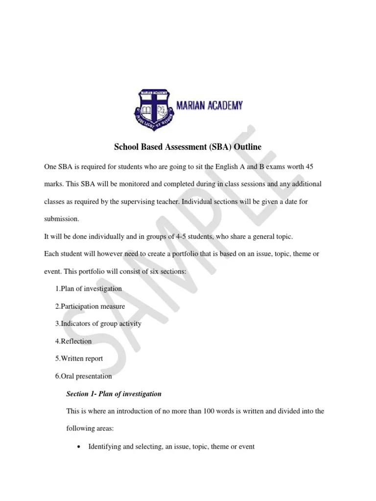 School Based Assessment (SBA) Outline Section 1Plan of investigation