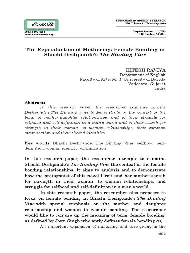 The Reproduction of Mothering Female Bonding in Shashi Deshpande's The