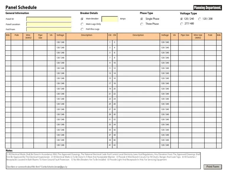 Panel Schedule Template PDF Wire Equipment