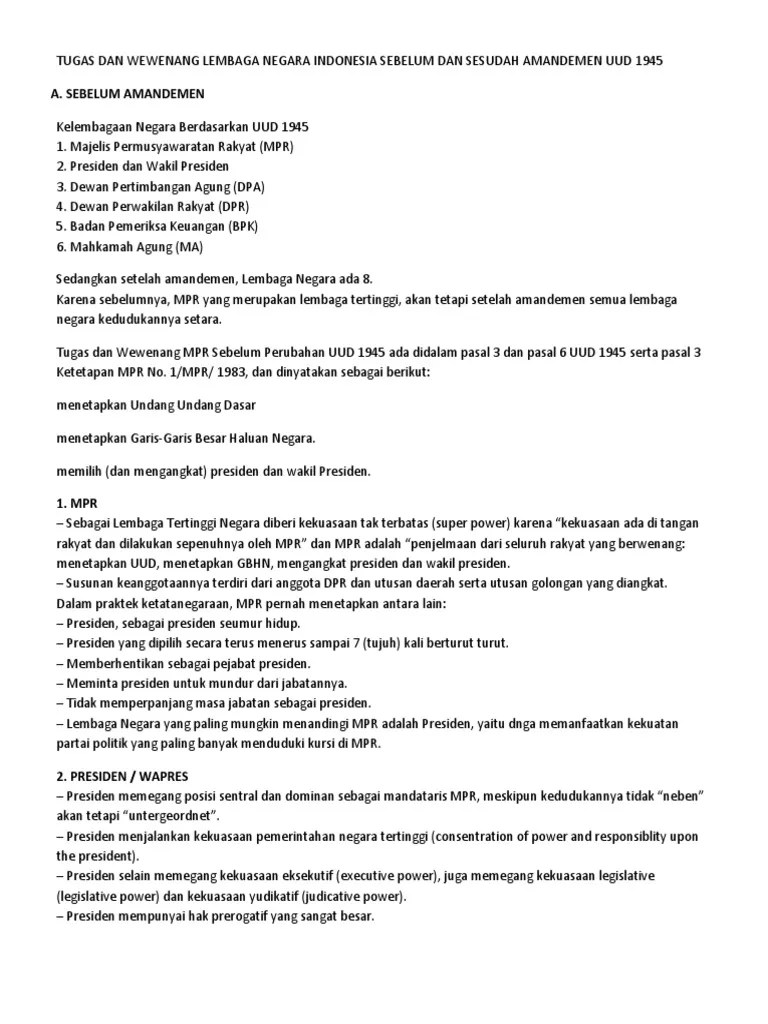 Tugas Dan Wewenang Lembaga Negara Indonesia Sebelum Dan Sesudah Amandemen  Uud | PDF