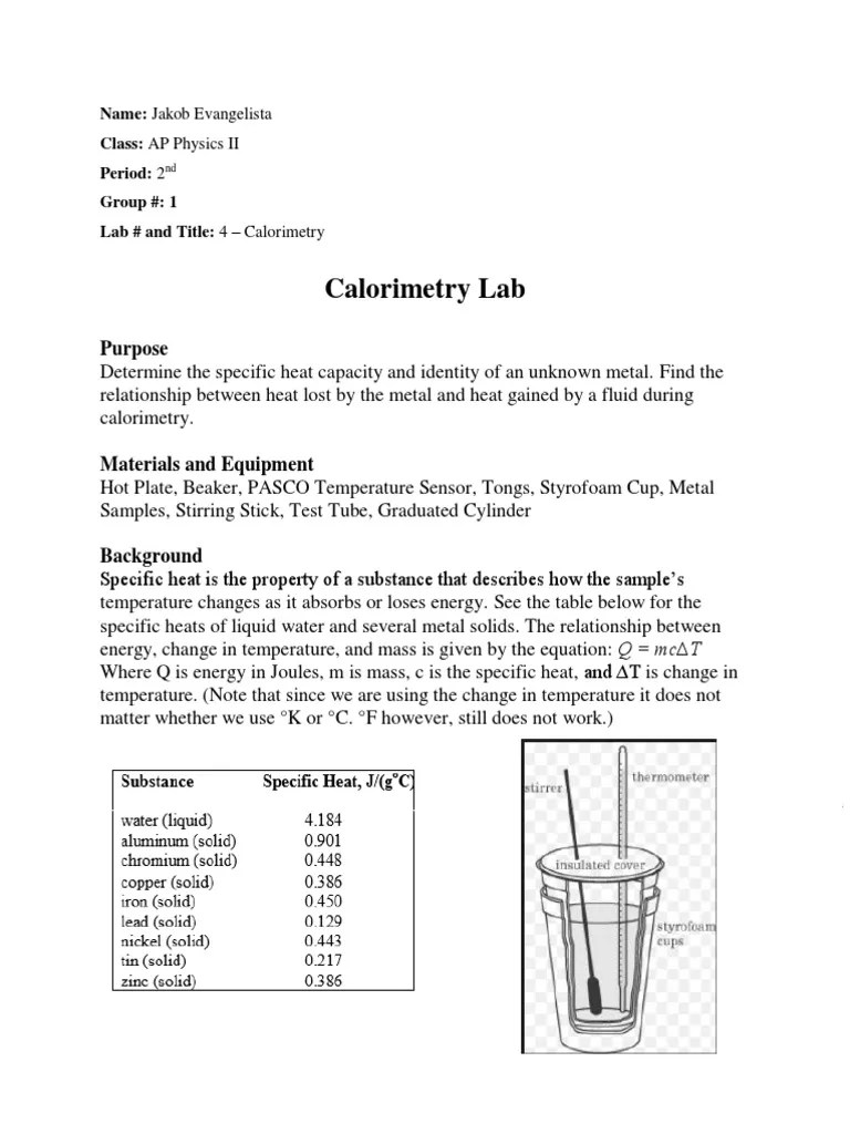 Lab 4 Calorimetry Lab PDF Temperature Heat Capacity