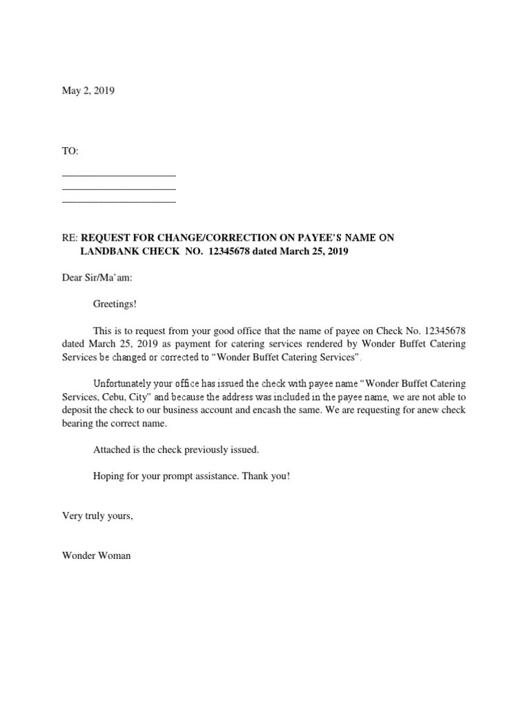 Letter Request For Correction of Check Payee PDF