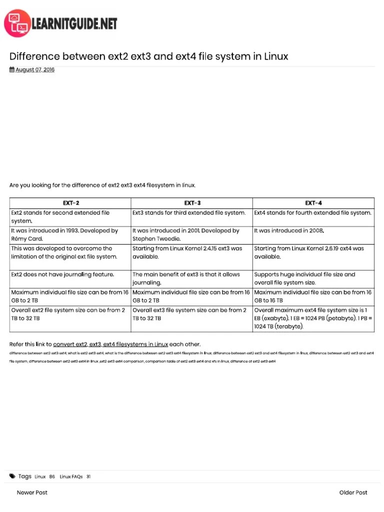 Difference Between Ext2 Ext3 and Ext4 File System in Linux PDF